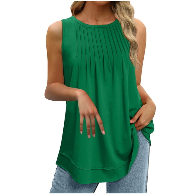 Mrat Débardeurs en Coton pour Femmes Débardeur pour Femmes Été Sans Manches à Col Rond Blouse Tunique Décontractée Débardeurs pour Femmes P-315 Vert P