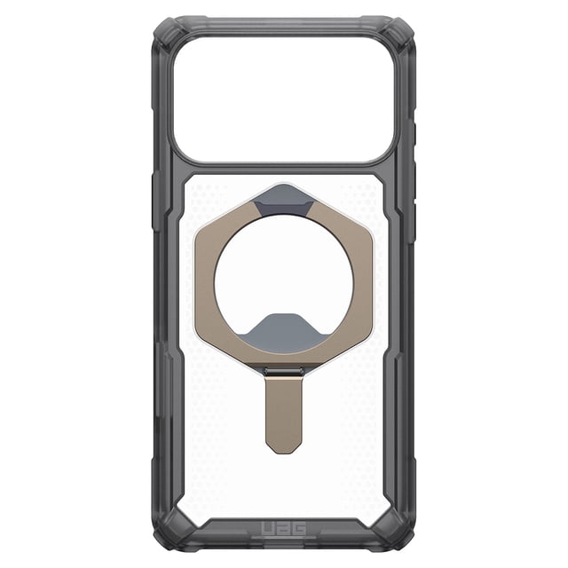 UAG Plasma XTE MagSafe Rugged Case Ash/Titanium for iPhone 17 Pro Max with clear white back panel, ash titanium integrated hexagonal kickstand, black antimicrobial TPU bumper with reinforced airsoft corners for 20 ft drop protection, built-in MagSafe module, and oversized tactile buttons.