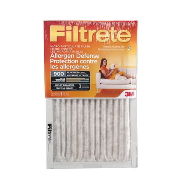 Filtrete™ Allergen Defense Micro Particulate Filter MPR 900 with pleated white filter media in a rectangular frame, packaged in a red and orange box featuring allergen defense information and a woman reading on a couch, designed for residential air purification with guaranteed airflow and a recommended 3-month replacement cycle.