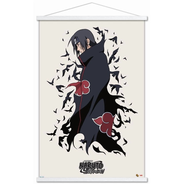 Naruto Shippuden - Affiche Murale d'Itachi Montrant un Profil Latéral Centré d'Uchiha d'Itachi en Cape d'Akatsuki Noire avec des Nuages Rouges, Entouré de Corbeau Noirs sur un Fond Clair, Encadré de Bois Blanc avec une Corde Suspendue, Idéal pour la Déco de Salle d'Anime et l'Art Mural.