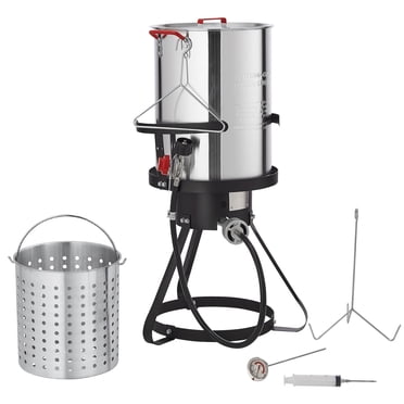 KFFKFF Friteuse pour Dinde, Ensemble de Cuiseur Vapeur de 30 Qt, Casserole Extérieure en Aluminium pour la Friture de Fruits de Mer, Chaudière au Propane avec Brûleur de 54 000 BTU, Livré avec Panier, Grille à Volaille avec Perforations
