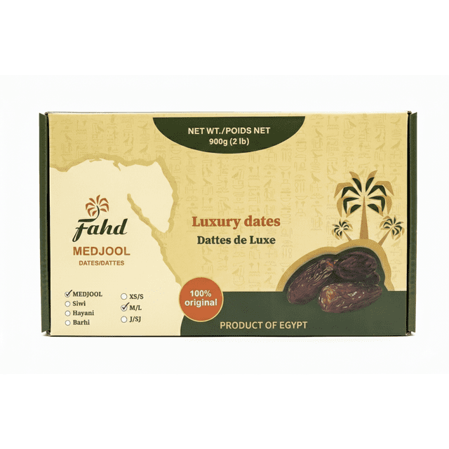 Medjool Dates, 900g, Al Fahd. A rectangular box featuring Egyptian Medjool dates, known for their large size, soft texture, and caramel-like sweetness. The packaging highlights 'Luxury dates' and '100% original,' with a map of Egypt and palm tree graphics. The product is labeled as medium/large size and is gluten-free, vegan-friendly, and ideal for snacking or cooking.