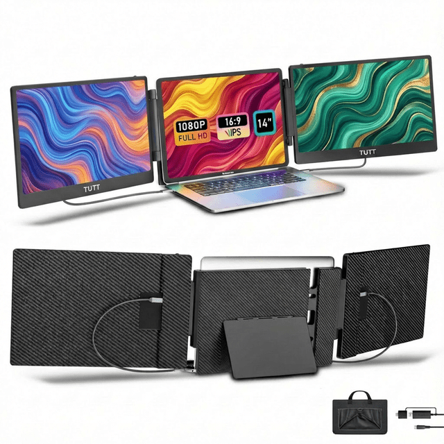TUTT 14” FHD Portable Monitor – S3 Triple Screen Extender, IPS, Built-in Stand & Speakers | All Devices (H5 Converter Cable Included)