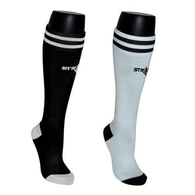 Striker Ensemble Économique de Chaussettes de Soccer - Peekee Noir/blanc Comprenant une Chaussette de Soccer Noire et une Blanche Hauteur Genou avec des Zones d'Orteils et de Talon Contrastantes, Deux Rayures Horizontales en Haut, et le logo Striker sur le Mollet, Conçu pour la Pointure de Chaussure des Garçons Y11-4 et Convenant à Divers Usages Athlétiques.