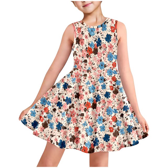 LOVZFMLL Robe d'Été à Manches Courtes pour Filles, à Volants, avec Poches, à Col Rond, Imprimée, Robe, Joli Débardeur