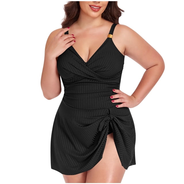 FRSASU Robe de Bain une Pièce pour Femmes, Maillots de Bain Gainants, Robe de Bain Jupe, Maillots à Volants, Noir G(L)