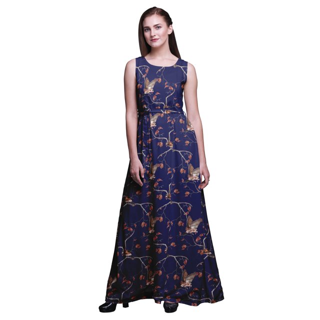 Bimba Robe Longue Imprimée pour Femmes avec Oiseau, Tenue de Villégiature, Robe de Soirée - Grand Bleu Marine