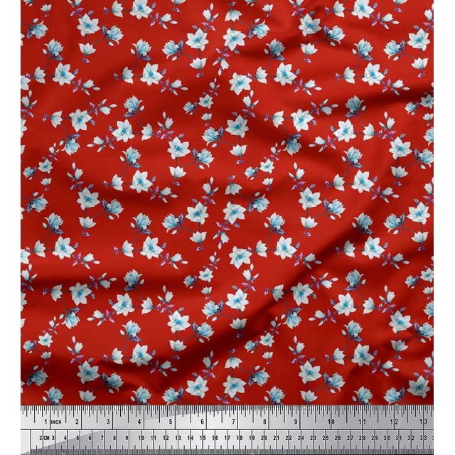 Soimoi polyester Crepe Fabric Leaves & Magnolia Floral Printed Fabric 1 Yard 42 Inch Wide