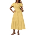 thumbnail image 1 of Robe Midi Décontractée d'Été pour Femme à Col en V, Manches Courtes, Smockée, Ligne A, Florale, Fluide, Bohème, 1 of 8