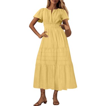 Amzcrzy Robes pour Femmes Tendance Couleur Unie Col en V Robe d'Été Décontractée Ample à Manches Courtes Robes Midi pour Femmes Robe Fluide Plissée à Étages