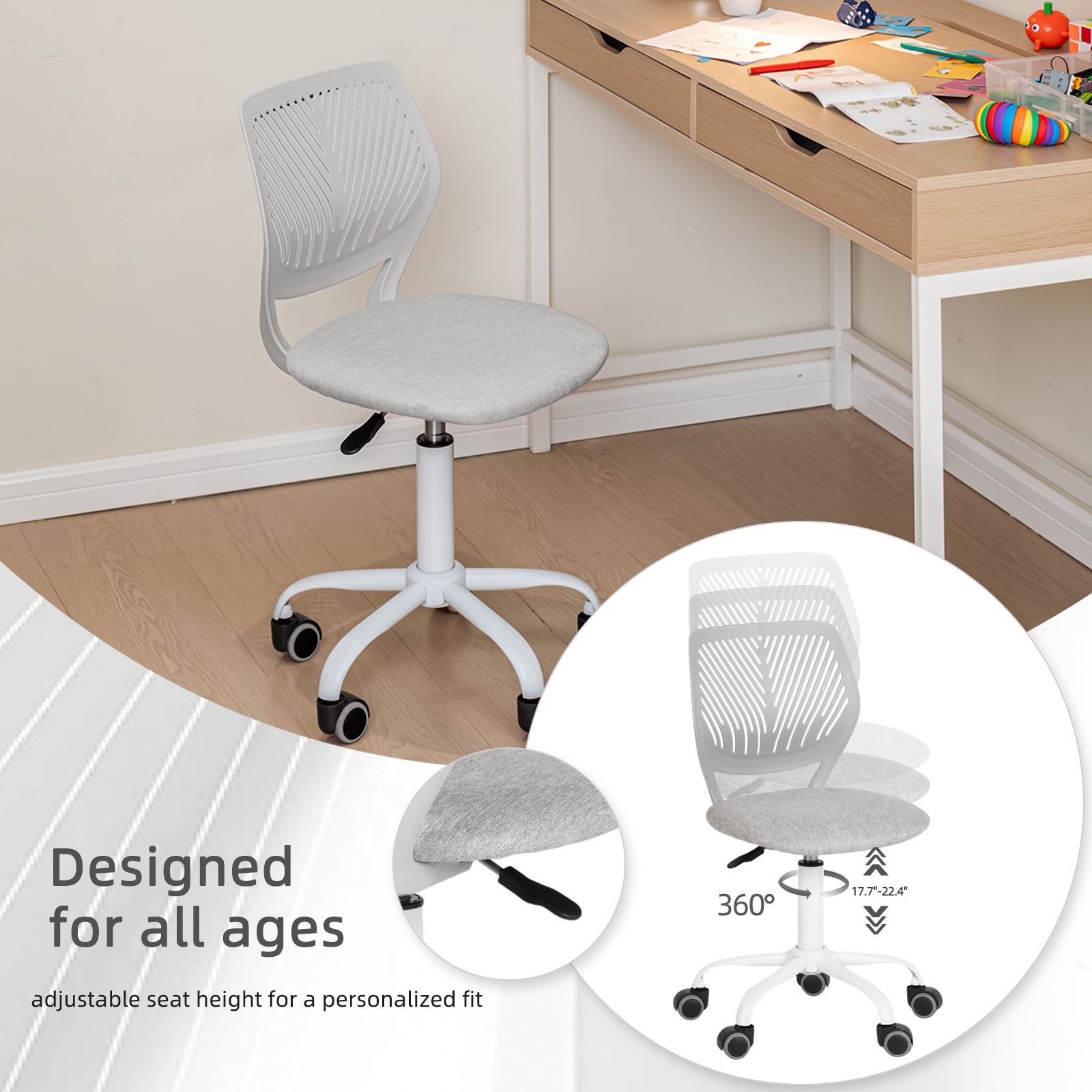 Chaise d'étude pivotante pour garçons et filles Homy Casa avec siège en tissu rose et hauteur réglable