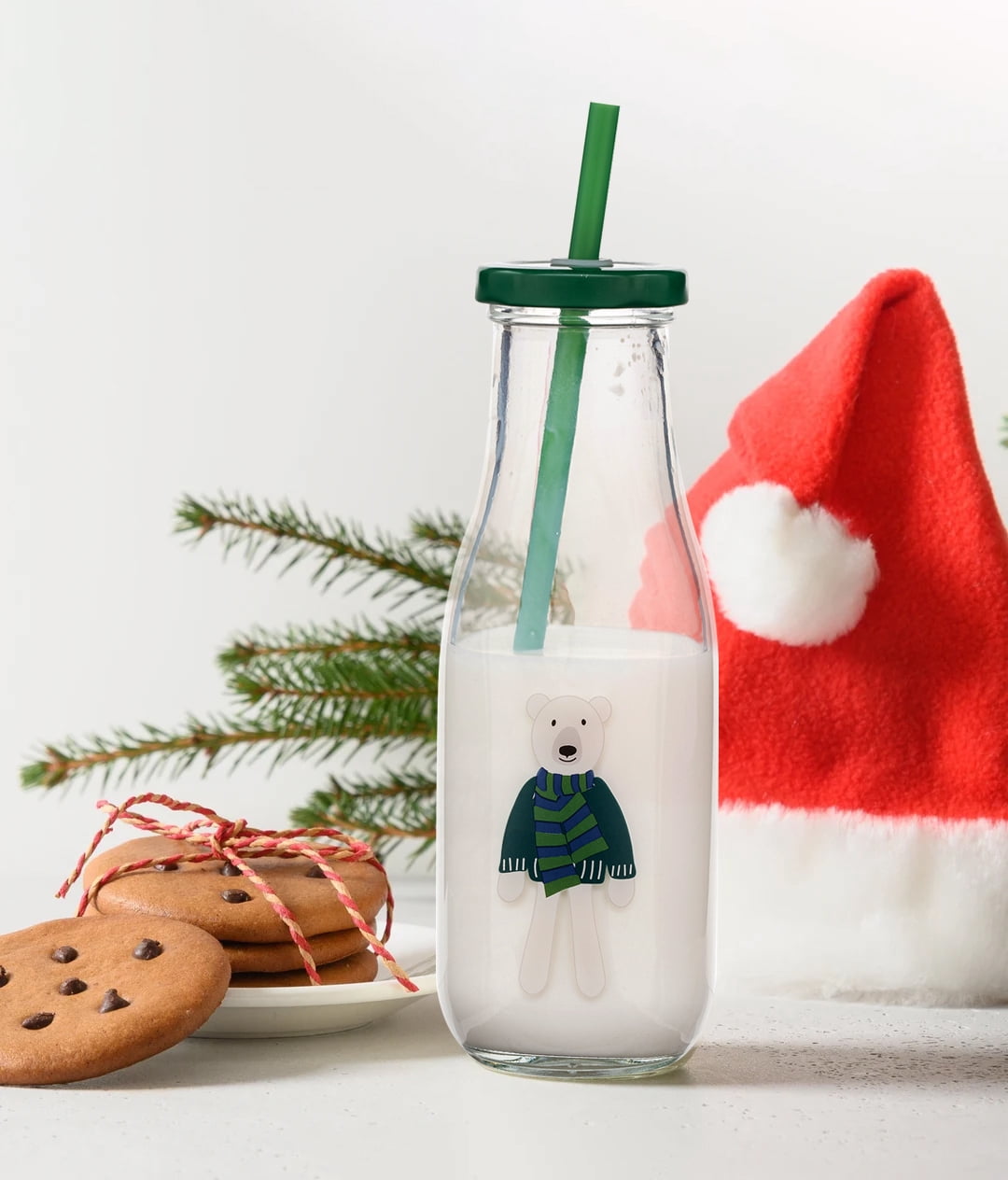 Holiday Time Bouteille de lait en verre Bear avec paille 14oz