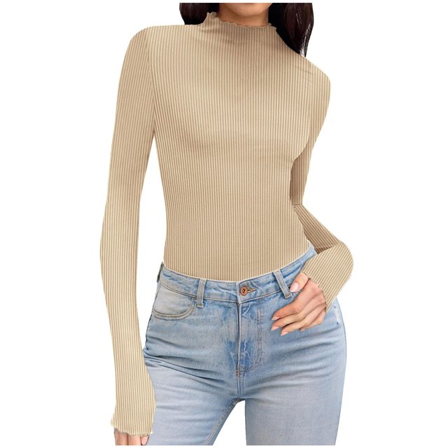 MeetoTime Long Sleeve Tops for Women Basic Long Sleeve Mock Neck Stretch Ribbed Slim Bottom Shirt S-3X