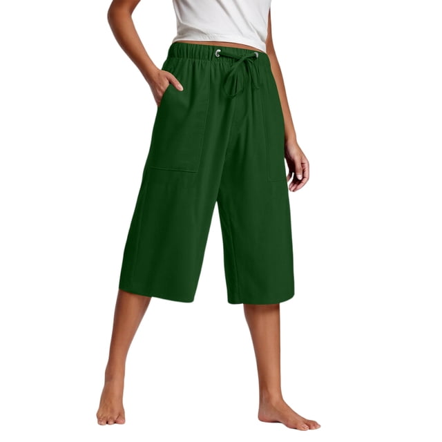 Kaemgyyd Womens Plus Size Capris Lounge Drawstring Cotton Linen Bermuda Shorts Flowy Wide Leg Beach Vaction Cropped Trousers