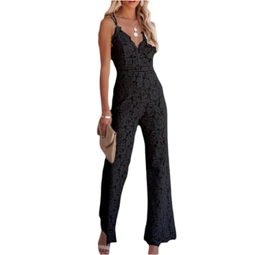 Gupgi Women's Lace Spaghetti Straps Backless Wide Leg Jumpsuit, Black, Size M