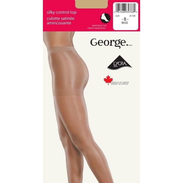 George Women's Silky Control Top Pantyhose in beige shown on a side view model, made with a sheer nylon and Lycra blend featuring a silky control top waistband, reinforced toe, and cotton gusset for shaping and comfort, suitable for everyday wear under dresses or skirts.