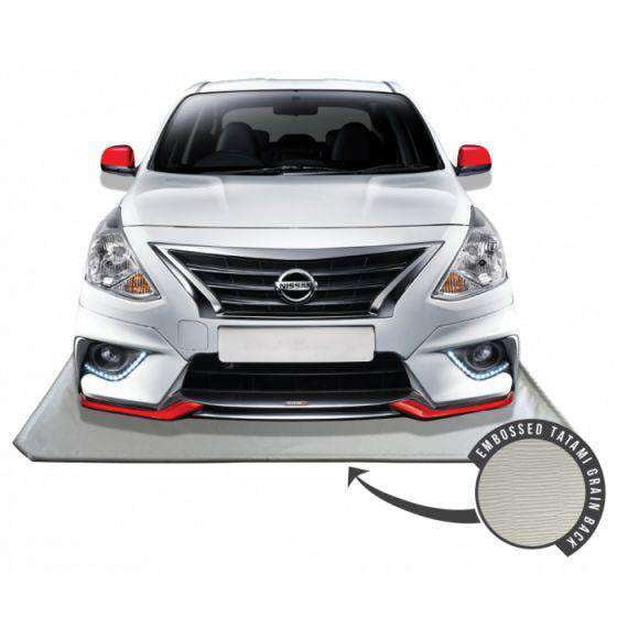 Floor Defender Pro Garage Containment Mats in car size, measuring 7' 9" x 16', shown in use under a parked car. The mat is made of durable 900 gsm grey vinyl with an embossed tatami grain texture, designed to catch grease, oil, mud, dirt, water, and antifreeze. Includes adhesive Velcro stickers for secure placement on garage floors.