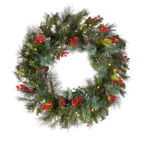 National Tree Company Pre-Lit Artificial Christmas Wreath, Green, Wintry Pine, White Lights, Decorated with Pine Cones, Berry Clusters, Frosted Branches, Christmas Collec