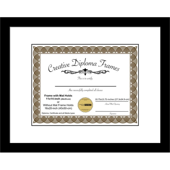 Creative Picture Frames 11x14 Classic Black Diploma Frame with White Mat Glass Easel and Installed Wall Hangers | Frame Holds 16x20 Media without Mat