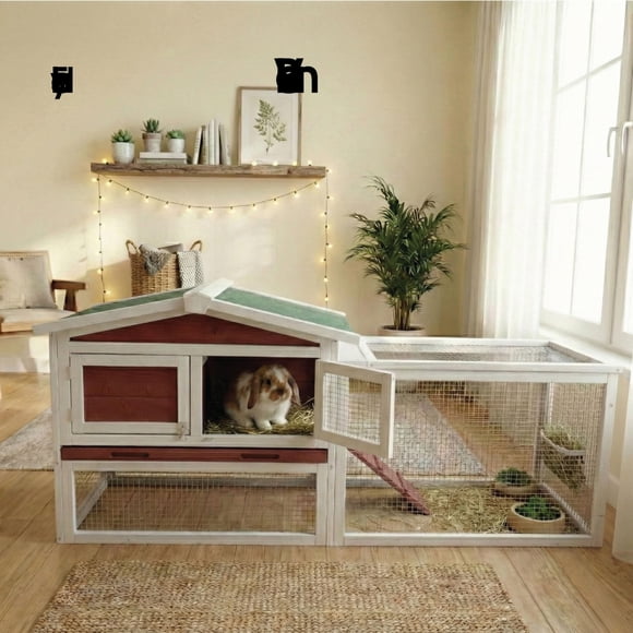 EDTara 2-Story Rabbit Hutch, Wooden Indoor Outdoor Bunny Cage with Ramp, Removable Wire Panels, Leak-Proof Tray, Anti-Chew Metal Frame and Weather-Ready Design