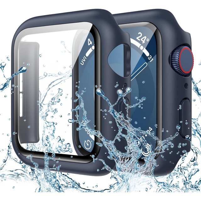 XiHAMA Waterproof Case Compatible with Apple Watch SE (2nd Gen) Series 6 5 4 Screen Protector, Tempered Glass Hard PC Bumper Face Cover