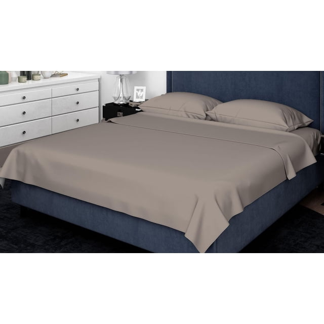 Johnson Home 300 Thread Count Combed Egyptian Cotton Sheet Sets in taupe on a navy blue upholstered bed with nailhead trim, featuring a flat sheet and two pillowcases in a modern bedroom with white dresser and black nightstand, suitable for soft, breathable bedding.