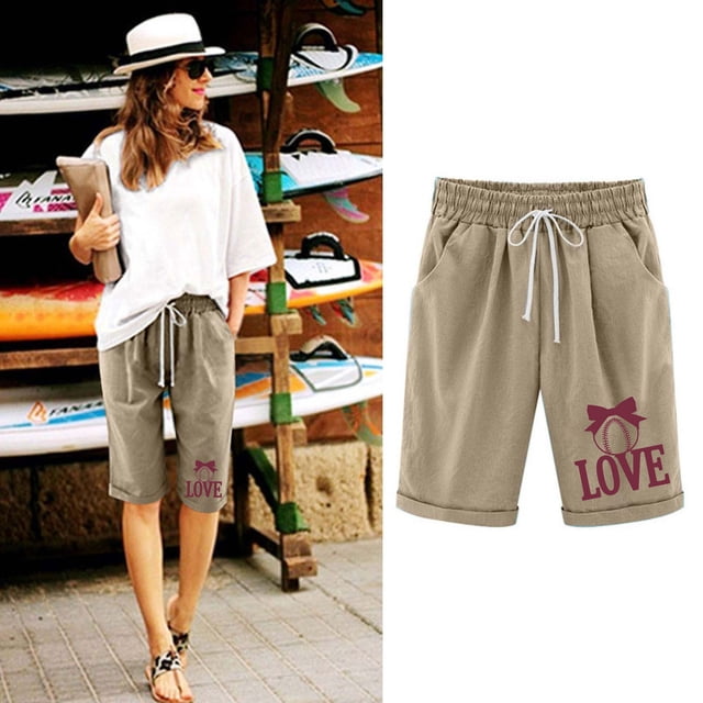 LOVZFMLL Women Printed Elastic Waist Drawstring With Casual Pockets Shorts in khaki, size L. Designed for casual wear, lounging, or outdoor activities, these shorts feature an elastic waistband, drawstring closure, and side pockets. The printed design includes the word 'LOVE,' making them ideal for summer and spring seasons. Suitable for women seeking comfortable and stylish summer shorts.