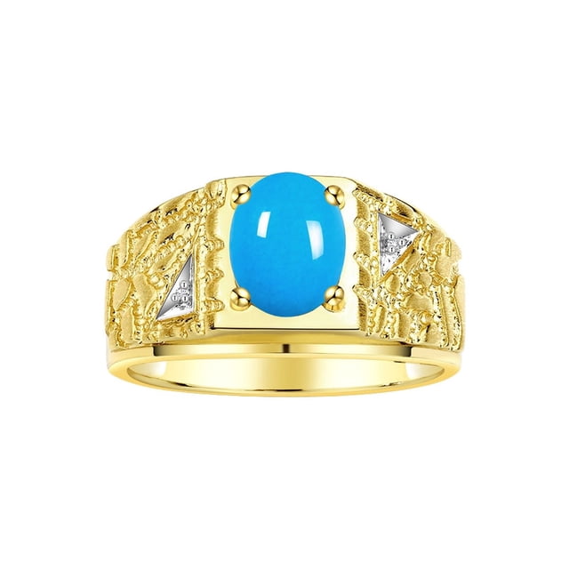 RYLOS Men's Rings Yellow Gold Plated Silver Designer Nugget Ring Oval 9X7MM Gemstone & Diamonds Turquoise Birthstone Rings For Man Size 11