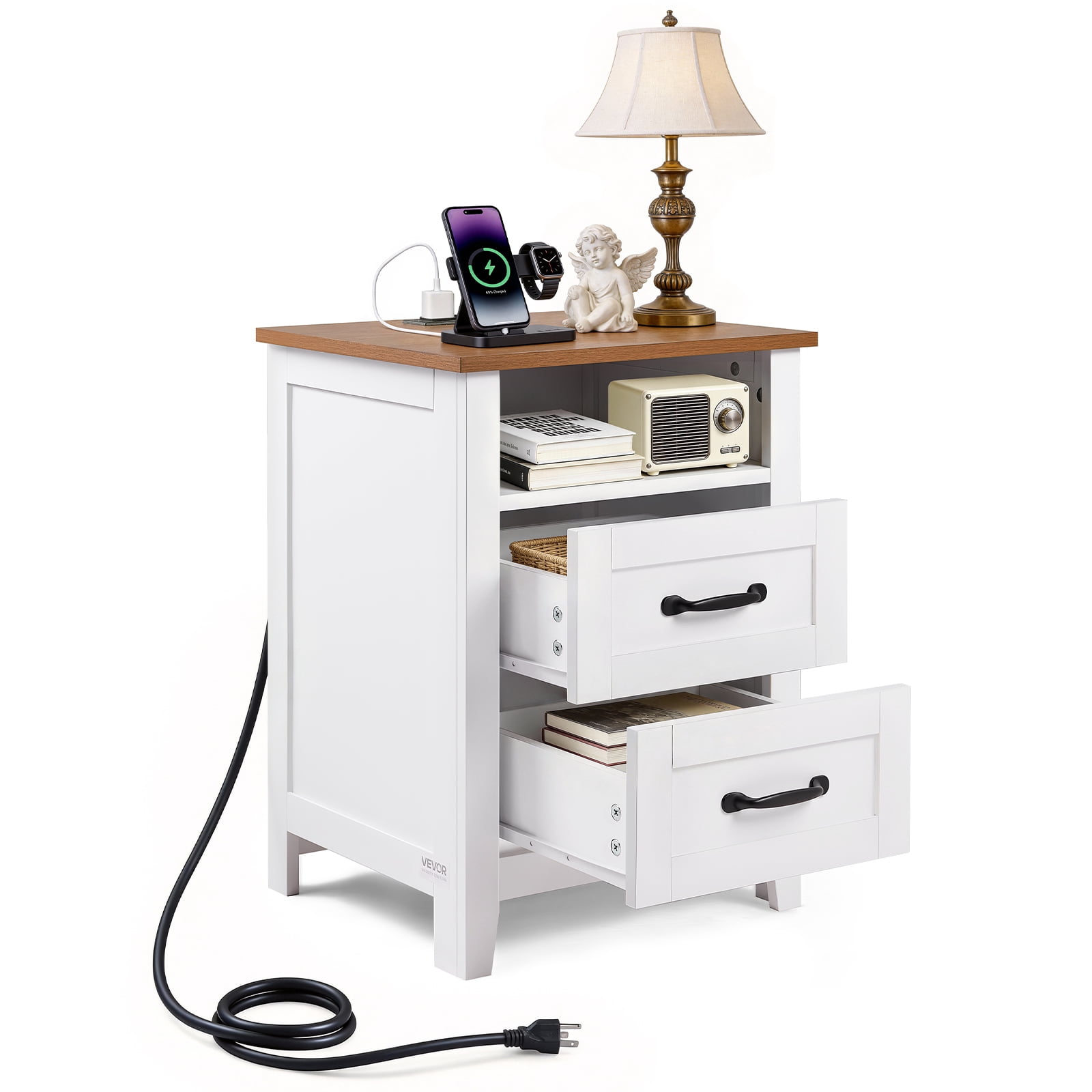 VEVOR Farmhouse Nightstand, with Charging Station, End Table with 2 Drawers and Open Shelf, Bedside Storage Cabinet, Rustic Side Table with USB Port and AC Outlets