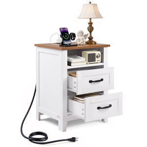 VEVOR Table de chevet, avec borne de recharge, table de fin avec 2 Tiroirs et plateau ouvert, Armoire de rangement côté lit, Table de côté rustique avec USB Port et AC Sorties