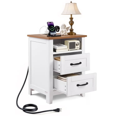 VEVOR Farmhouse Nightstand, with Charging Station, End Table with 2 Drawers and Open Shelf, Bedside Storage Cabinet, Rustic Side Table with USB Port and AC Outlets