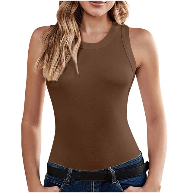 Timegard Débardeurs d'Été pour Femmes Col Rond Sans Manches T-Shirts Ajustés Confortables Basiques