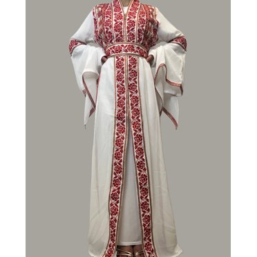 Eve Red Tatreez Embroidered Palestinian Kaftan Thobe (3 Piece Set)