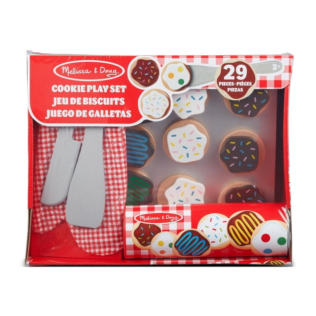 Melissa & Doug Tranche et Cuise Ensemble de Biscuits en Bois Play Food avec 29 Pcs Incluant 12 Biscuits en Bois Trancheables Décorés de Glaçage Coloré et de Vermicelles, Couteau en Bois, Spatule, Mitaine de Four à Carreaux Rouges et Blancs, et Plaque à Biscuits pour Jeu de Cuisine Imaginaire.