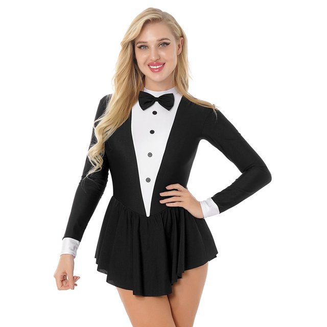 YiZYiF Smoking pour Femme Fille Serveuse Costume de Jeu de Rôle Robe à Volants à Manches Longues Tenue de Danse Noir TG