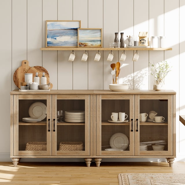 WAMPAT 2-in-1 Buffet Server Table, Accent Sideboard with Storage & Glass Door,Console Table for Kitchen, Dining Room, and Living Room, Oak