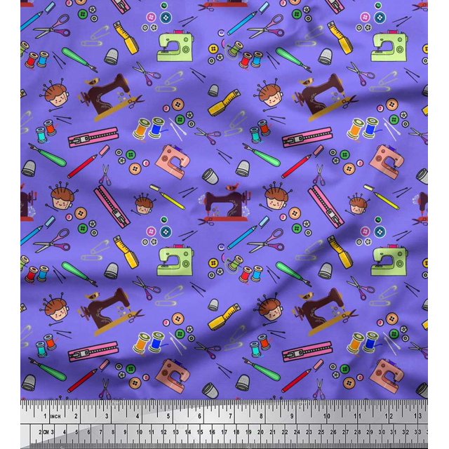 Soimoi Cotton Poplin Fabric Scissor,Buttons & Machine Sewing Decor Fabric Printed Yard 42 Inch Wide