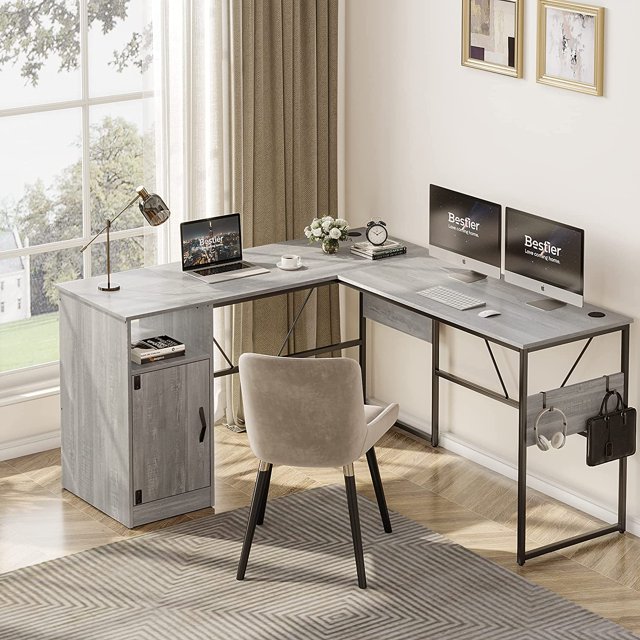 Bestier Bureau d'Ordinateur Réversible 60 Pouces en Forme de L avec Armoire de Rangement Bureau de Bureau pour 2 Personnes