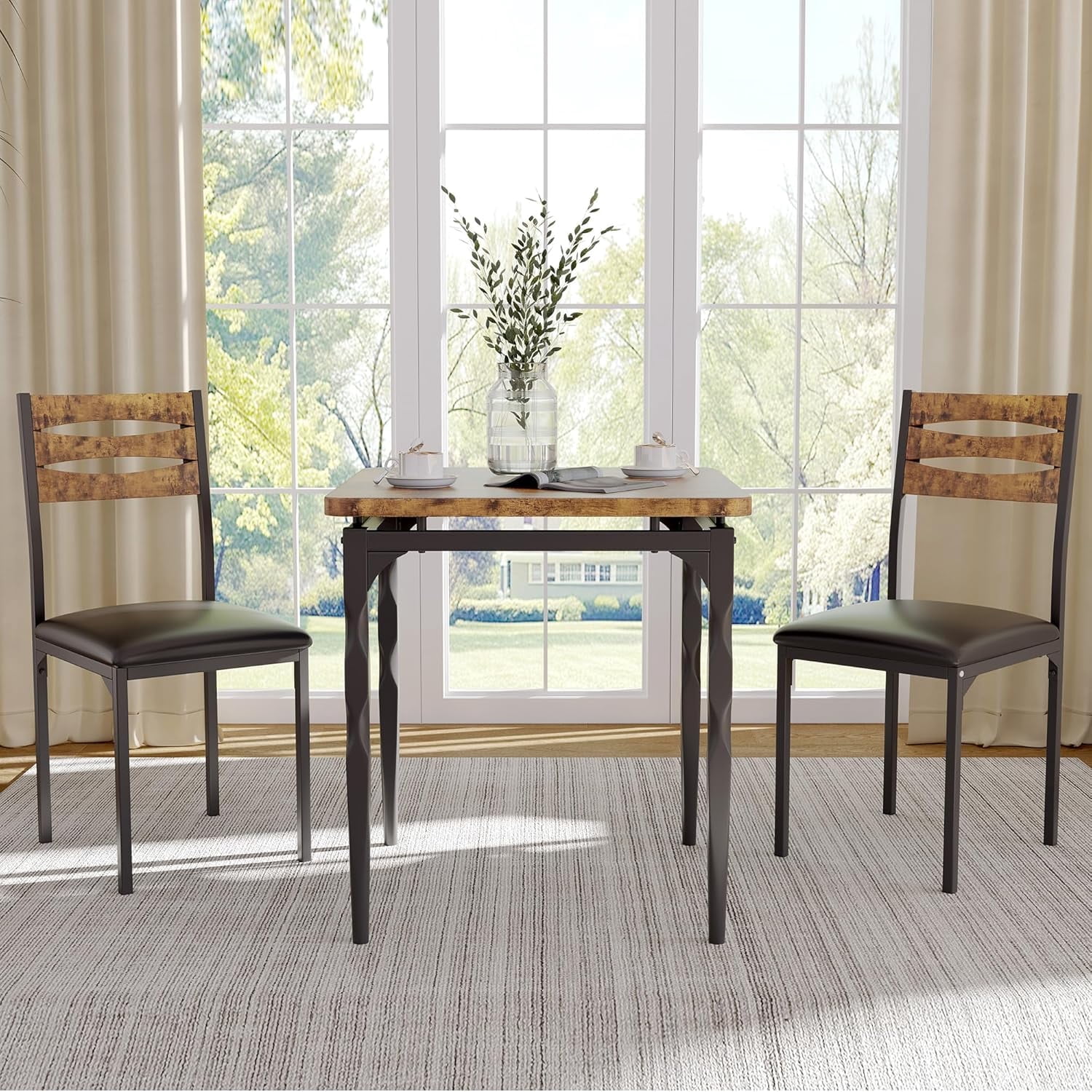 YUSAZENS 3-Piece Brown Dining Table Set for 2 with Spiral Legs, Small Space Kitchen Apartment Table and Chairs