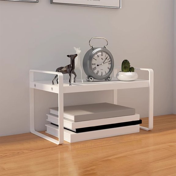 Desktop Storage Rack, Double Layer Iron and Wood Bookshelf for Desk, Student Office Organizer with 2 Tier Shelves, Small Book Stand for Home Office Bedside Table, Metal Frame with Wooden Boards