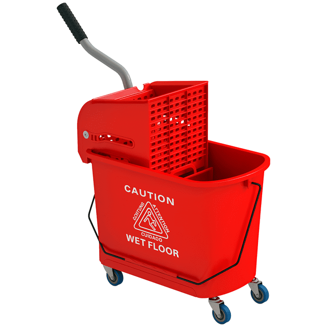HOMCOM Seau à Vadrouille Compact avec Essoreuse sur Roues 5 Gallons, Rouge. un Seau à Vadrouille en Plastique Rouge durable avec une Essoreuse à Pression vers le Bas Amovible, un Panneau de Séparation de l'Eau et une Poignée Ergonomique en Acier. Comprend Quatre Roulettes à Roulement Fluide pour une Mobilité Sans Effort. Idéal pour les Fournitures de Nettoyage et les Outils de Lavage à la Maison Ou dans les Petits Lieux de Travail.