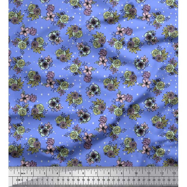 Soimoi Poly Georgette Fabric Star,Leaves & Rose Floral Decor Fabric Printed Yard 42 Inch Wide