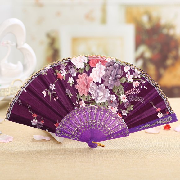 Dance Wedding Party Lace Silk Folding Hand Held Flower Fan Stand up Fan