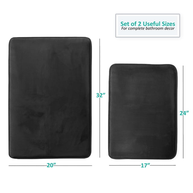 Set of 2 Small Clara Clark Bath Mat Bathroom Rug - Absorbent Memory Foam Bath Rugs - Non-Slip, Thick, Cozy Velvet Feel Microfiber Bathrug, Plush Shower, Toilet- Floor Bathmats Carpet - Black - 17"x24"