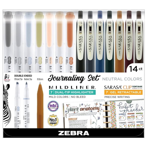 Paquet de 14 surligneurs à double extrémité Mildliner et clip Sarasa Vintage