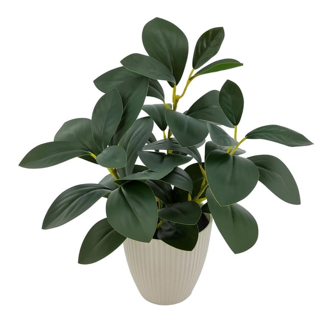 Mainstays 11in Indoor Artificial Plant in Pot, Green Peperomia with lifelike dark green polyethylene leaves and yellow stems in a white ribbed plastic pot, suitable for indoor home or office décor and requiring no watering or upkeep.