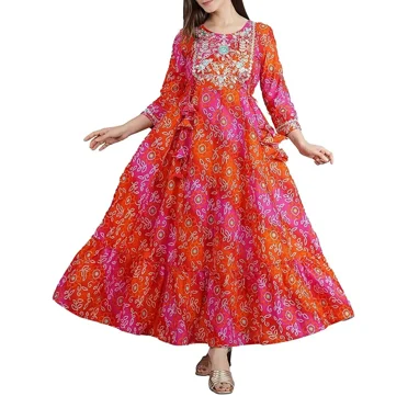 Kurti Anarkali Brodée Imprimée en Coton pour Femmes (Rouge et Orange)
