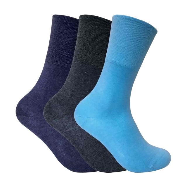 3 Pack Ladies Non Elastic Thermal Diabetic Socks for Poor Circulation by Sock Snob. The image shows three pairs of socks in blue, dark grey, and navy blue colors. These socks are made from Viloft, a special fiber that enhances thermal insulation and moisture wicking, making them breathable and antibacterial. Designed with a non-elastic loose top, they are ideal for individuals with diabetes or circulatory issues, providing comfort and a secure fit. Available in size 4-8.
