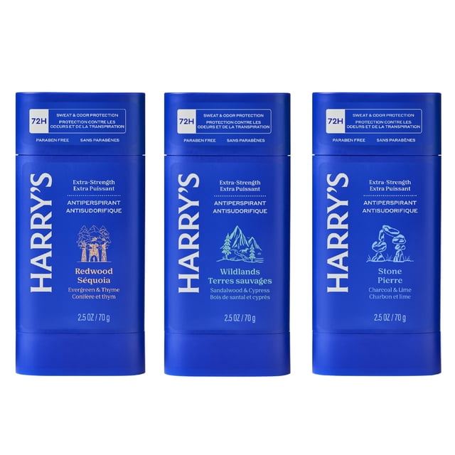 Harry's Men's Odor Control Deodorant in a 3-count pack featuring three scents: Redwood Sequoia, Wildlands, and Stone. Each deodorant stick is 2.5 oz (70 g) and comes in a sleek blue container with bold white text and scent-specific illustrations. Designed for advanced odor and sweat protection, these clear gel deodorants glide on smoothly, dry quickly, and leave no residue. Ideal for daily use and suitable for sensitive skin.