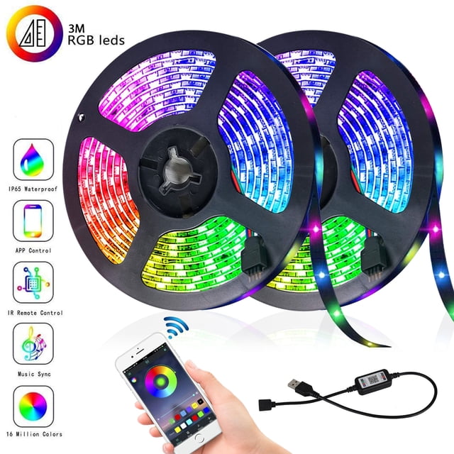 5M/4M/3M/2M/1M LED Strip Lights with Bluetooth control, RGB color-changing functionality, and music sync. Includes two reels of waterproof 5050 SMD LED string lights with adhesive backing, a USB cable with Bluetooth controller, and smartphone app compatibility for iPhone and Android. Perfect for home, parties, bars, and outdoor decoration, including rope light applications.